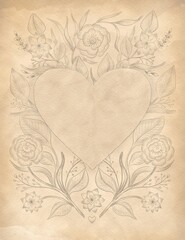Vintage love letter template, pencil drawing on old paper with heart shape and floral ornament