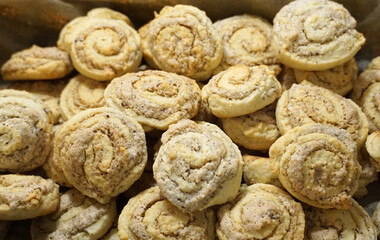 Pile of crunchy homemade fresh baked round cookies