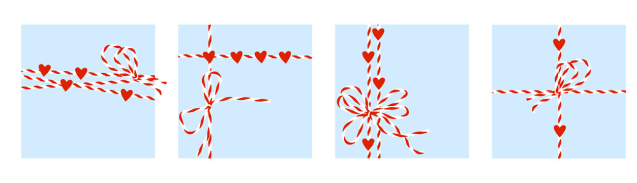 Сord is white-red with heart and bow. Decorative yarn for wrapping gifts for Valentine's day. Vector isolated.