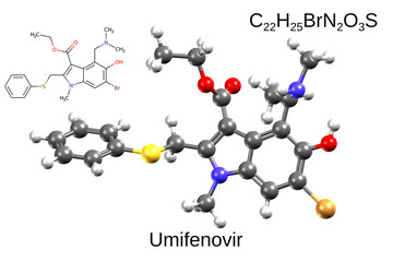 Chemical formula, structural formula and 3D ball-and-stick model of antiviral drug umifenovir, white background.