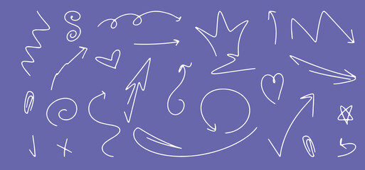 Hand-drawn set of vector doodle of elements for use in design. Isolated icons on a fashionable purple color. Postcards, infographics, badges, emblems, symbols.