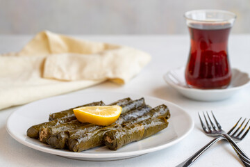Delicious dolma (sarma) stuffed grape leaves rice, white yogurt sauce. Stuffed grape leaves on white background. Lebanese dolma sarma on plate. Lebanon turkish greek middle eastern cuisine.