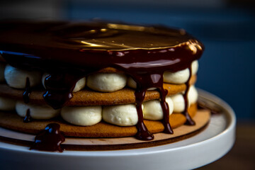 A cake with brown honey cakes, white cream and poured on top with dark chocolate, which flows down the sides, stands on a white stand on a dark background. High quality photo