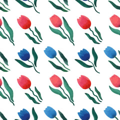 Floral pattern with spring flowers tulips. Watercolor vector illustration