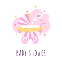 Carriage for a girl. Baby shower invitation. Vector illustration.