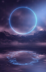 Fantasy night landscape with mountains reflected in the water. Neon blue circle. Abstract islands, stones on the water. Dark natural scene. Neon space planet. 3D illustration. 