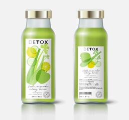 Herb and fruits detox. Cucumber, apple, lemon and celery mix. Label, packaging for natural Detox, organic drink, health nutrition, preserved food. Bottle template.
