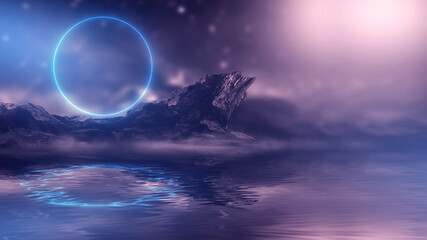 Fantasy night landscape with mountains reflected in the water. Neon blue circle. Abstract islands, stones on the water. Dark natural scene. Neon space planet. 3D illustration. 