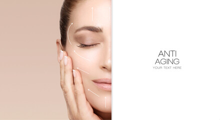 Facelift and Anti Aging Concept. Beauty Face Spa Woman with Lifting Arrows on Face. - 476495325
