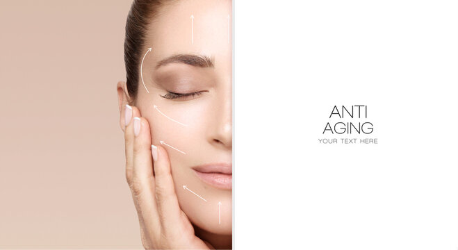 Facelift and Anti Aging Concept. Beauty Face Spa Woman with Lifting Arrows on Face.