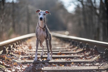 Whippet Windhund Portrait auf Bahnschienen