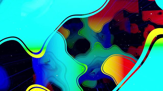 Motion graphic abstract colorful looped bg modern art, fly in art space, multilayer structure with pattern, glow particles and lines. Ornamental texture rainbow gradient color. Motion design vj loop.