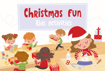 Little kids making handmade Christmas decorations, crafting new year presents. Vector flat illustration. Christmas kids craft activities Holiday DIY preparation. Creative diy hobby.