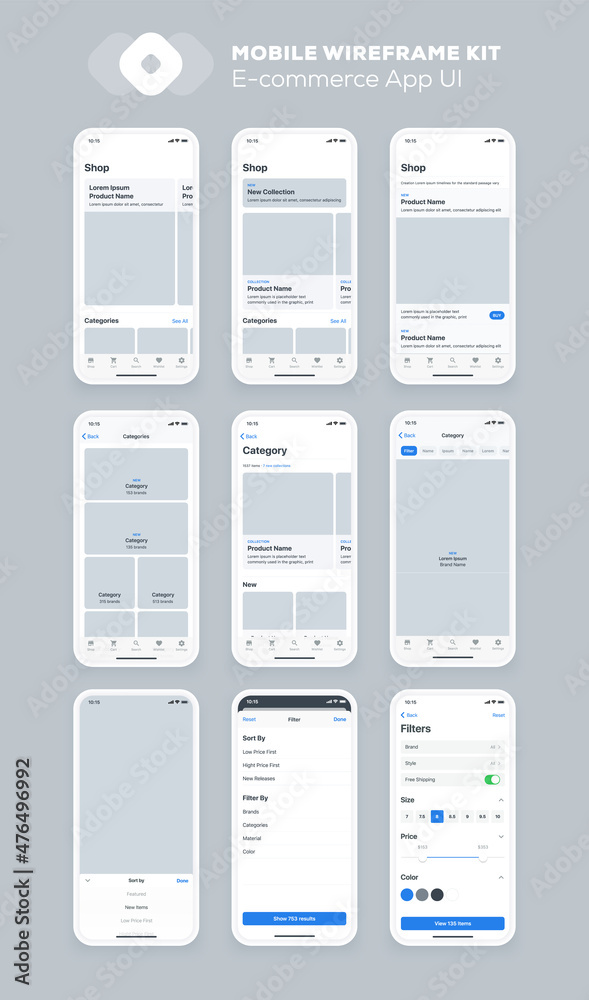 Sticker mobile app design. ui ux wireframe kit for smartphone. new os screens.