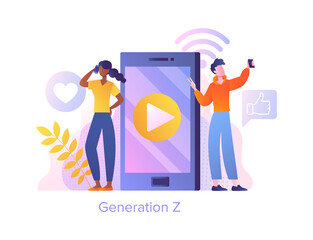 Generation Z concept. Modern characters. Technologies and devices. Man and girl standing near smartphone. Marketing research and targeting. Infographic, poster. Cartoon flat vector illustration
