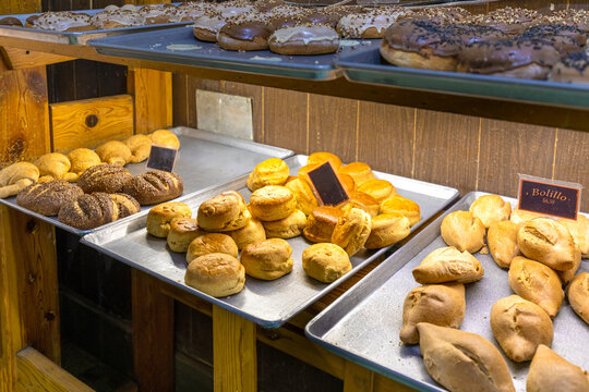 Bakery selling fresh pastry on a colorful Aguascalientes streets in Zocalo historic city center near Cathedral Basilica.