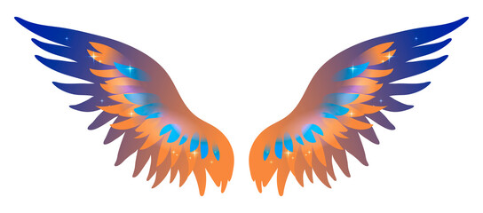 Beautiful bright magic gradient blue orabge wings, color vector illustration