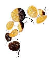 Dried oranges poured with melted chocolate in the air on a white background