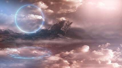 Clouds. Fantasy night landscape with mountains and clouds reflected in the water. Neon blue circle. Abstract islands, stones on the water. Dark natural scene. Neon space planet. 3D illustration. 