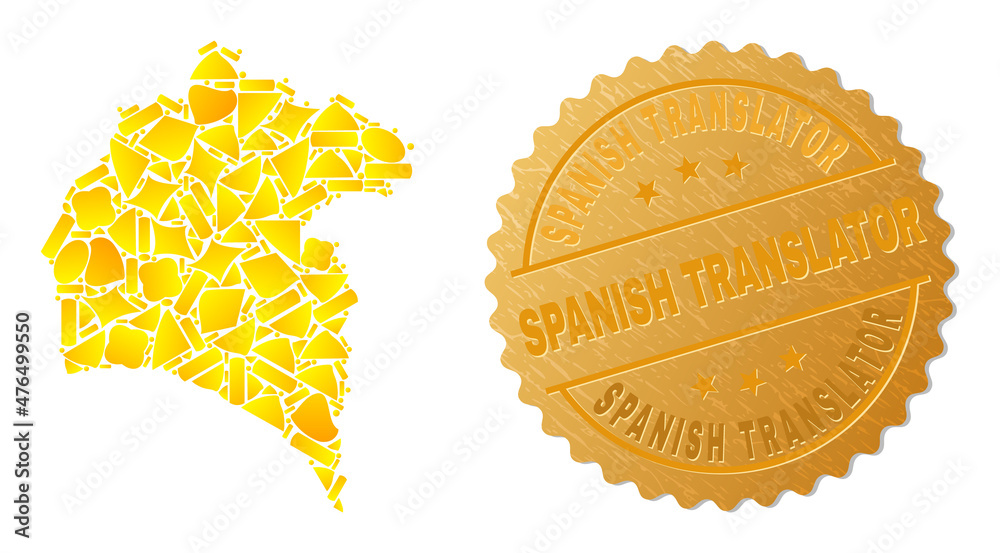 Wall mural Golden composition of yellow items for Huelva Province map, and golden metallic Spanish Translator stamp seal. Huelva Province map composition is constructed of scattered golden parts.