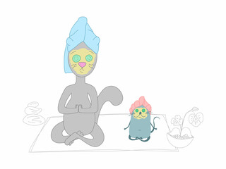 Relaxation in the spa and sauna. Vector illustration of cartoon cat and mouse sitting in lotus position in the spa salon. Cosmetic masks in the salon. Hand-drawn concept for a relaxation postcard