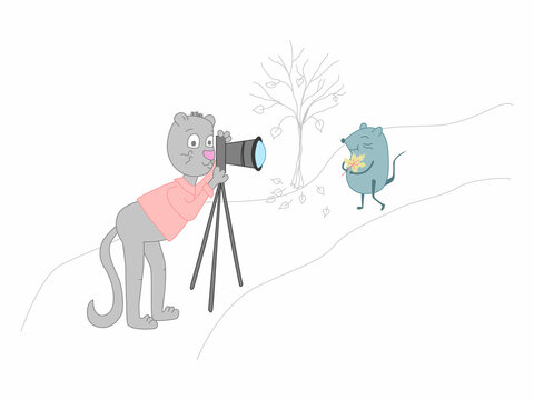 Autumn photo session in the park. Vector illustration of a cartoon cat taking pictures of a mouse. Concept about spending time in autumn, photo sessions in nature