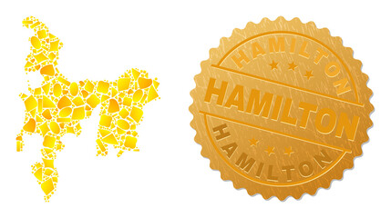 Golden mosaic of yellow items for Hamilton Island map, and gold metallic Hamilton seal. Hamilton Island map composition is constructed of scattered gold items.