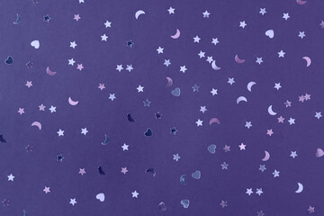 Festive violet blue paper background with many many silver stars. Christmas, New Year or Birthday theme concept. An ideal backdrop for your banner or web design. Banner for happy holidays presentation
