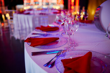 table setting in the evening in a restaurant