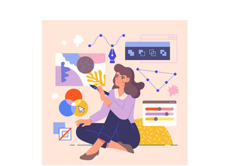 Girl designer concept. Woman creates pictures for websites and applications. Work as illustrator, freelancer, modern technologies. Coworking and telecommuting. Cartoon flat vector illustration