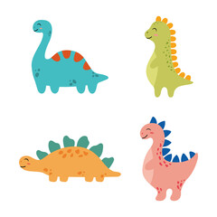 Set of cute cartoon dinosaurs in scandinavian style. Colorful design for kids, baby prints. Vector illustration isolated on white background.