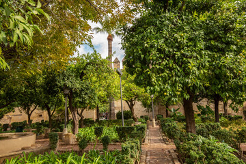 Garden with fruit and palm trees, cobblestone walking paths. Gardens at the Alcazar de los Reyes Cristianos in Cordoba, Spain.