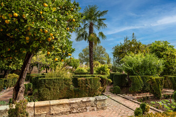 Garden with orange and palm trees, cobbled paths for walking. Gardens at the Alcazar de los Reyes Cristianos in Cordoba, Spain.