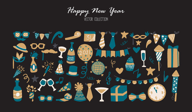 Happy New Year Individual Elements For Design and Decoration with Blue and Gold Color