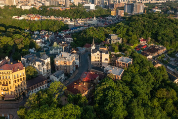 Andreevsky descent historical, old street in Kiev, aerial view