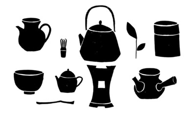 Vector set of isolated images of Japanese tea ware. Teapots, bowl, whisk. Illustration, flat, drawing. Tea ceremony, oriental tradition. Black on white.