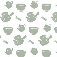 Vector seamless pattern of japanese tea ware. Teapots, bowls, whisks. Illustration, flat, grunge, vintage. Wrapping paper, fabric, wallpaper, background. Green on white.