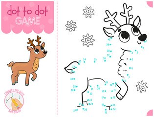 Numbers game for children. Education dot to dot game. Coloring page with reindeer