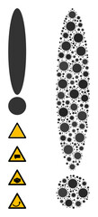 Exclamation sign mosaic icon. Vector mosaic done of scattered virus cell items. Virus cell mosaic exclamation sign icon and other icons. Exclamation sign collage for isolation templates.