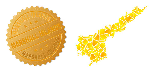 Golden collage of yellow spots for Andhra Pradesh State map, and golden metallic Marshall Islands stamp seal. Andhra Pradesh State map mosaic is organized of random gold particles.