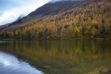 Autumnal reflection landscape on lake Buttermere, Lake District, England
