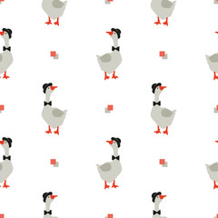 Seamless cartoon goose pattern for kids. Vector cute geese gentlemen illustration