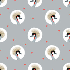 Seamless Grey crowned crane bird pattern. Vector polka dot background	