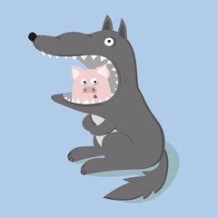 Wolf swallowed Little pig. Vector fairy tale illustration.