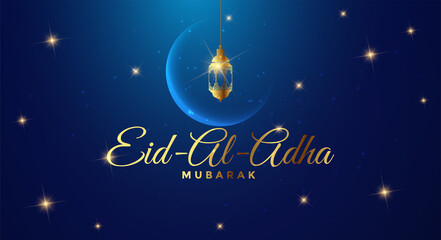 Muslim holiday Eid al Adha Mubarak. Illustration of the Feast of sacrifice with golden letter on the dark night background. Graphic design of Eid al Fitr. Kurban Bayram festival