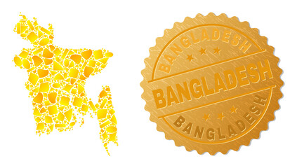 Golden collage of yellow particles for Bangladesh map, and golden metallic Bangladesh stamp seal. Bangladesh map collage is formed from scattered golden.