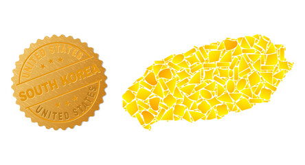 Golden combination of yellow parts for Jeju Island map, and gold metallic United States South Korea seal. Jeju Island map composition is composed from random gold parts.