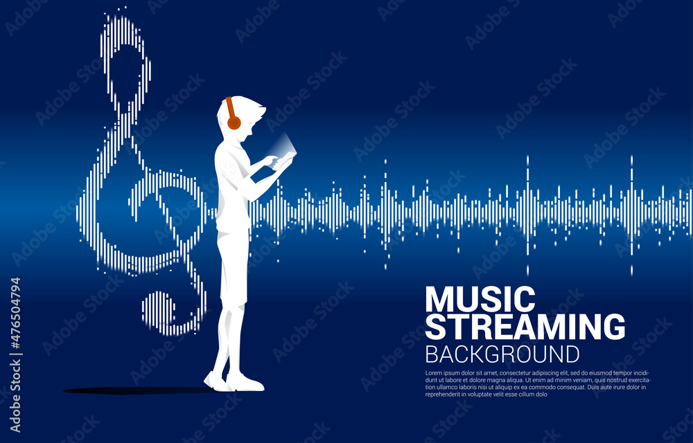 Poster man with mobile phone and Sound wave Music Equalizer background. audio visual headphone icon with pixel wave graphic style
