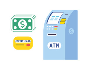 ATM bank machine with dollar bills banknotes stack and credit card isolated flat vector icons, cash money, loan, wages funds payment or withdrawal.