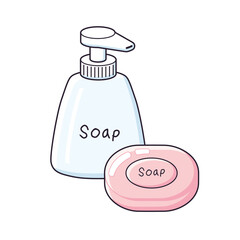 Soap bar and bottle dispenser or hand sanitizer gel isolated cartoon vector
